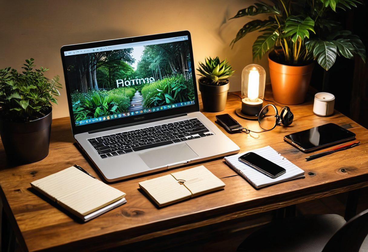 An open laptop on a wooden desk, surrounded by colorful lifestyle and tech gadgets like a smartphone, smartwatch, and camera. In the background, a cozy home setting blends with a modern workspace, featuring plants and warm lighting. A notepad with handwritten niche blogging tips lies next to the laptop. super-realistic. vibrant colors. warm atmosphere.
