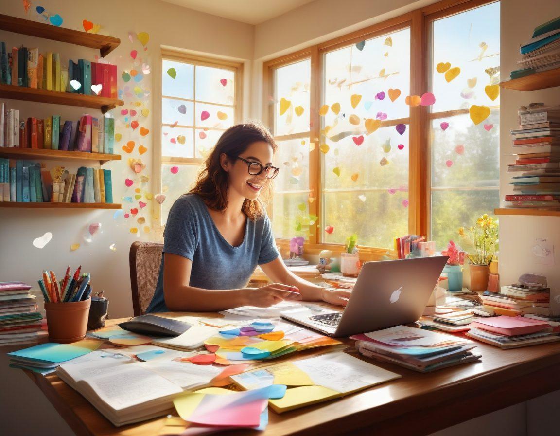 An enthusiastic writer at a desk, surrounded by colorful books and a laptop displaying a blog page. Bright sticky notes with tips float around in a whimsical manner, while a large window shows a sunny day outside, symbolizing growth and inspiration. Include doodles of engaging elements like hearts, comments, and social media icons in the air. vibrant colors. vector art.
